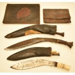 Two kukris, potentially WW2 period, one with 37cm decorated blade and wooden and brass mounted