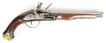 Unnamed 16 bore flintlock pistol with brass trigger guard, embossed butt plate and mounts and 9.5