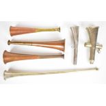Six hunting and signal horns comprising Kohler and ACME signal horns, novelty miniature post or