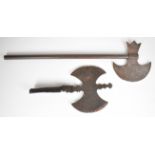 Two Indo Persian battle axes or Tabar, the larger with original remnant of a handle and the