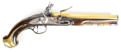 James Barbar 20 bore flintlock pistol with named lock, brass trigger guard, engraved mask butt