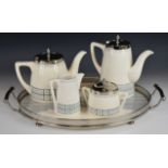 WMF secessionist / Art Deco tea set and tray with plated mounts designed by Christian Neureuther