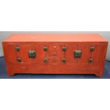 19thC Chinese jointed stained elm low sideboard with twin two door cabinets and three drawers, all