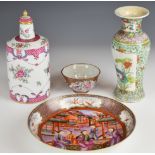 18th/19thC Chinese porcelain comprising famille verte vase, tea bowl, famille rose covered bottle