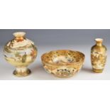 Three Japanese Satsuma vases / bowl with figural decoration, all with marks to bases