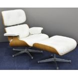 Eames mid century modern shaped plywood and polished aluminium armchair and footstool with white