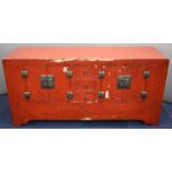 19thC Chinese jointed low sideboard with two twin door cabinets, single drawer and cubbyhole, W163 x