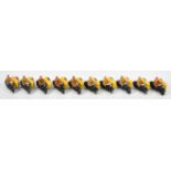 Ten Dinky Toys diecast AA Motorcycle Patrol, 44B, each with tan rider, yellow side car and AA
