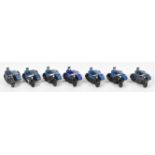 Seven Dinky Toys diecast RAC Motorcycle Patrol, 43B, each with black bike, blue rider and sidecar.