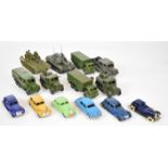 Fourteen Dinky Toys diecast model cars and military vehicles to include Studebaker, Town Sedan,