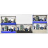 Five Dinky Toys RAC set No. 43, each containing motorcycle with sidecar, tinplate hut and two