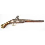 Flintlock pistol with embossed brass butt cap and trigger guard and silver wire inlaid decoration to