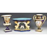 Bloor Derby and Crown Derby pedestal vases and a Majolica centrepiece, the tallest named to base 'On