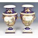 Pair of Crown Derby pedestal vases decorated with named scenes 'Entrance to Ambleside' and '