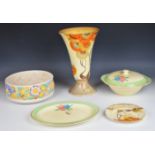 Clarice Cliff for Newport Pottery Art Deco flared vase, tureen, plate etc, decorated in the