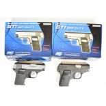 Two ASG STI Off Duty 6mm CO2 airsoft pistols each with textured composite grips, fixed sights and