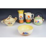 Clarice Cliff for Newport and Wilkinson Pottery decorative ware including a tureen, sleeve vase,