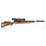 Webley Raider .22 PCP air rifle with semi-pistol grip, raised cheek piece, sound moderator and