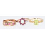 A 15ct gold ring set with pearls and paste (size M, damaged, 2.3g), an 18ct gold ring set with