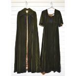 Vintage Annie Gough green velvet dress and matching cape with braid decoration, with a cream pintuck