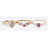 Three 9ct gold rings, one set with diamonds and rubies, one rubies and cubic zirconia and the