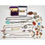 A collection of silver jewellery including two pairs of pressed amber earrings, necklace, two