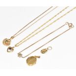 Two 9ct gold chains, four 9ct gold pendants including sapphire, emerald, locket and coffee bean