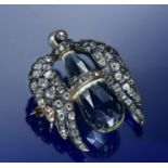 Victorian brooch set with a briolette cut aquamarine, old cut diamonds and a pearl to the top finial