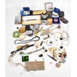A collection of jewellery including silver St Christopher, two silver Victorian buttons, silver