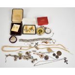 A collection of jewellery including silver fob watch, antique pocket watch box, silver including