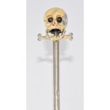 French 19thC mechanical novelty skull and crossbones stick pin with moving jaw and eyes