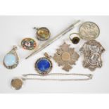 A collection of silver jewellery including hallmarked fob, 1890 Victorian crown, locket and chain,