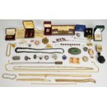 A collection of jewellery including French jet beaded necklace, Victorian carved jet locket in the