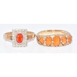 Two 9ct gold rings, one set with a five citrines and diamonds and the other an oval cut fire opal