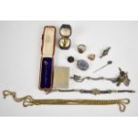 A collection of jewellery including 9ct gold ring mount (1.4g), section of 18ct gold ring (1.1g),