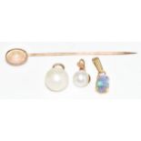 Three 9ct gold pendants set with pearls and an opal, and a yellow metal stick pin set with an