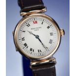Patek Philippe 18ct gold officer's type gentleman's wristwatch with blued hands, black Roman