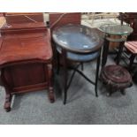 A Mahogany Davenport, An Antique Bijouterie table plus A Chinese Hardwood plant stand and glass