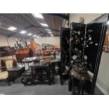 A Collection of Chinese black lacquer furniture items including dressing screen, plant stand,