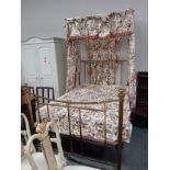 An Antique brass half tester bed with Mulberry fabric curtains 1.4m w