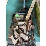 A collection of miscellaneous metal weights, shoe lasts, bed castors, etc. (Qty)