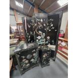 A Black Lacquered Chinese dressing screen, cupboard and plant stand