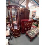 An oriental style 6ft display cabinet, coffee table and drinks cabinet, burgundy with highly