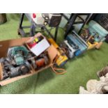 A quantity of miscellaneous cabled woodworking tools, a Master gas heater, vintage metal toolbox