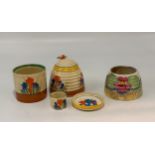 Four pieces of Clarice Cliff "Bizarre Crocus". Consisting of honey pot H 9cm. Preserve jar H 7.