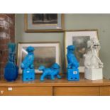 A collection of Chinese ceramics comprising several turquoise Temple Lions or Foo Dogs and a