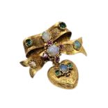 A VICTORIAN YELLOW METAL OPAL, EMERALD AND AMETHYST PENDANT BROOCH Heart form drop with glazed