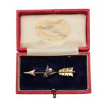 A VICTORIAN YELLOW METAL SAPPHIRE, DIAMOND AND SEED PEARL CUPID ARROW AND INSECT BROOCH Set with a