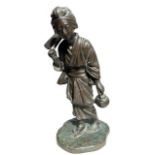 GENRYUSAI SEIYA, 1868 - 1912, A JAPANESE MEIJI PERIOD BRONZE FIGURE OF A PEASANT GIRL CARRYING A HOE