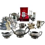 JAMES DIXON & SONS, A LATE 19TH CENTURY THREE PIECE SILVER PLATED TEA SET, TOGETHER WITH SILVER